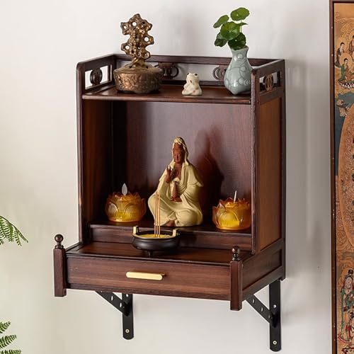 Snaweo Schrein-Altartisch, Wandmontierter Buddha-Altar Aus Holz, Meditationstisch Aus Bambus, Mit Einziehbarem Tablett, Antikes Geschnitztes Schreinregal, for Wohnzimmer(Wall Brown A) von Snaweo