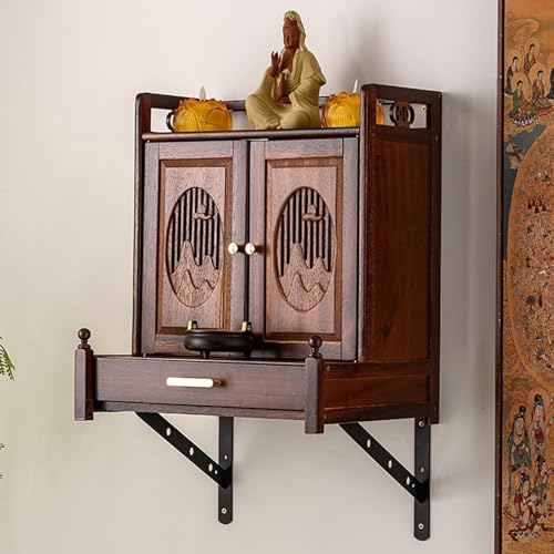 Snaweo Schrein-Altartisch, Wandmontierter Buddha-Altar Aus Holz, Meditationstisch Aus Bambus, Mit Einziehbarem Tablett, Antikes Geschnitztes Schreinregal, for Wohnzimmer(Wall Brown B) von Snaweo