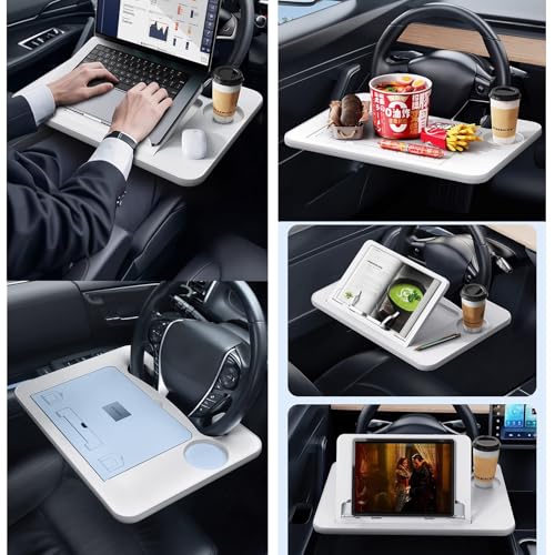 Snaweo Wandtisch Klappbar, Lenkradablage, Getränkehalterablage Fürs Auto, Multifunktionaler Faltbarer Schreibtisch for Laptop, Geeignet for Die Meisten Autolenkräder, for Pendler Und Reisen(Wit) von Snaweo