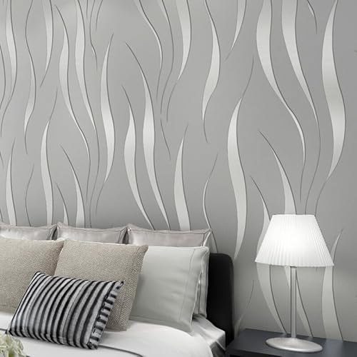 Snewvie 1 Stück 3D Wellen Geprägte Tapete Vliestapete 0,53m x 9.5m 3D mit Wasserpflanzen-Muster Moderne Minimalistisch Wallpaper mit 3D-Wellen Wanddekoration in Wohnzimmer Schlafzimmer und Büro von Snewvie