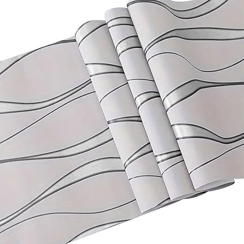 Snewvie Grau Tapete Vliestapete 1 Rolle 3D Modern Minimalistisch Wallpaper mit 3D-Wellen Leicht Glänzend Streifentapete Wanddekoration in Wohnzimmer, Schlafzimmer und Büro 0,53m x 9,5m von Snewvie