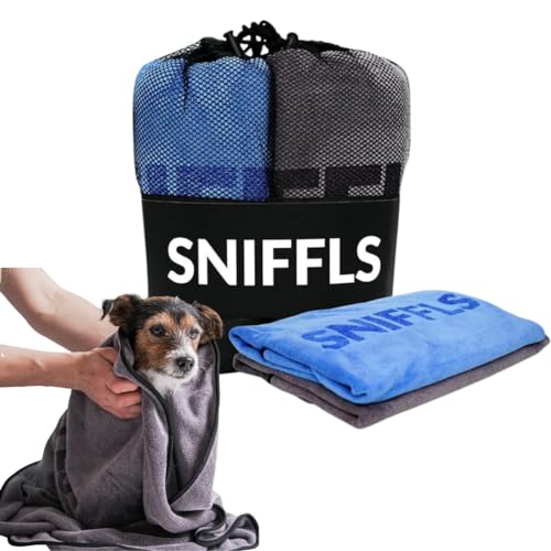 Sniffls 2X Premium Hundehandtuch extra saugfähig - Hunde Handtuch kleine Hunde (70x40cm) schnell trocknendes Mikrofaser Handtuch (weich & waschbar bis 60°) - mit praktischer Tasche von Sniffls