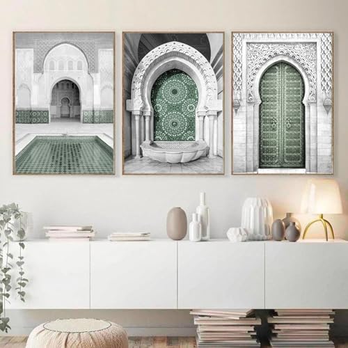 SnipSa Marokko-Moschee Leinwandgemälde Wand Bilder islamische grüne Poster Kunstdrucke Wandbild Wohnzimmer Sofa Hintergrund Heimdekoration 50 x 70 cm x 3 ungerahmt von SnipSa