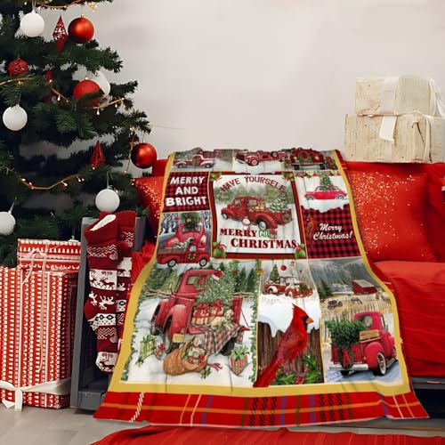 Sniperoal Weihnachts-Decke 130 x 150 cm, Weihnachts-Decke Patchwork Rot LKW, weiche und warme Winterdecke aus Flanell für Sessel Bett (LKW rot) von Sniperoal