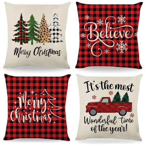 Sniperoal Weihnachts-Deko-Kissenbezüge, 45,7 x 45,7 cm, 4er-Set, rot, nordisch kariert, weiche dekorative Kissenbezüge für Weihnachtsbaum, Kart, für Zuhause, Sofa, Couch, Bett, Wohnzimmer von Sniperoal