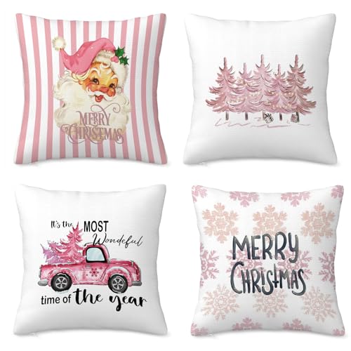 Sniperoal Weihnachts-Kissenbezüge für Sofa, 45 x 45 cm, Weihnachtsmann, für Sofa, 4er-Set, Winter, Rosa, für Stuhl, Bett, Schlafzimmer, Weihnachten, dekorativ von Sniperoal