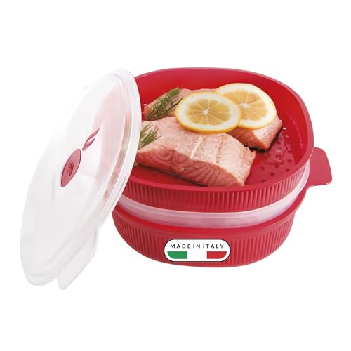 Snips - Dampfgarer für Mikrowelle Rot 4L, Microwave Mikrowellenschüssel mit 2 Tabletts - Mikrowellenbehälter Spülmaschinenfest Energiesparend und Schnelle Zubereitung, 26.5x22x13.5 cm, Made in Italy von Snips