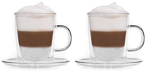 Snobby® Teegläser doppelwandig (2x360ml) mit Henkel und Untersetzer- Glühweinbecher, Teetassen, doppelwandige Teegläser mit Henkel, Punschgläser, Thermogläser, Teetasse Glas Grog Gläser Glühweingläser von Snobby