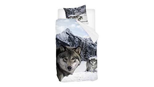 Snoozing Wolf Flanell Bettbezug für Einzelbett, 140 x 200 / 220 cm + 1 Kissenbezug 60 x 70 cm, mehrfarbig von Snoozing