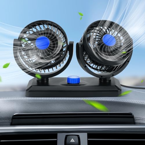 Snorthy Tragbarer Auto-Ventilator, 12V/24V Auto-Ventilator Doppelkopf-Ventilator mit 2 Geschwindigkeiten einstellbar 360° Rotation Elektrischer Ventilator mit Zigarettenanzünder (12V Blau) von Snorthy
