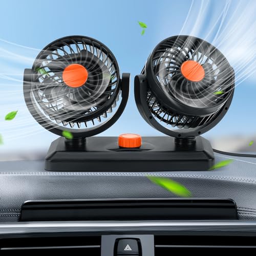 Snorthy Tragbarer Auto-Ventilator, 12V/24V Auto-Ventilator Doppelkopf-Ventilator mit 2 Geschwindigkeiten einstellbar 360° Rotation Elektrischer Ventilator mit Zigarettenanzünder (24V Orange) von Snorthy