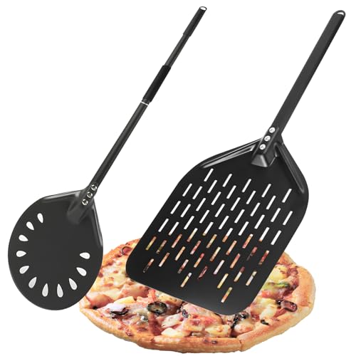 Pizzaschieber & Pizzawender Set, 2er Set Aluminium Pizzaschaufel, Perforierte Pizzaheber mit Komfortabler Griffe, für hausgemachte Pizza, 30 cm Rechteckige & 15cm Runde (80cm) von Snovire