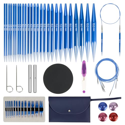 Rundstricknadeln Set Austauschbar, 13 Paar Rundstricknadeln mit Tasche und Zubehör, 13 Nadeldurchmesser 3–10 mm, 4 Längen Verstellbar 4–10 cm, Aluminium Häkelnadel Set (Blau) von Snovire