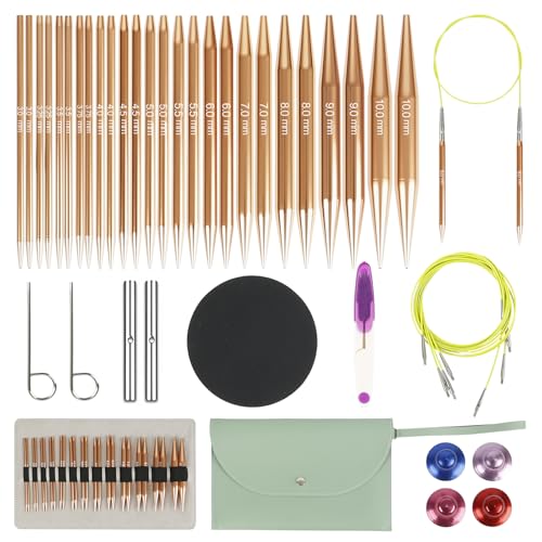 Rundstricknadeln Set Austauschbar, 13 Paar Rundstricknadeln mit Tasche und Zubehör, 13 Nadeldurchmesser 3–10 mm, 4 Längen Verstellbar 4–10 cm, Aluminium Häkelnadel Set (Champagnerfarbe) von Snovire