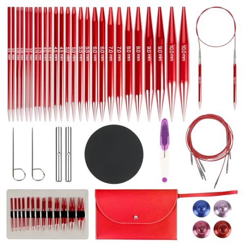 Rundstricknadeln Set Austauschbar, 13 Paar Rundstricknadeln mit Tasche und Zubehör, 13 Nadeldurchmesser 3–10 mm, 4 Längen Verstellbar 4–10 cm, Aluminium Häkelnadel Set (Rot) von Snovire
