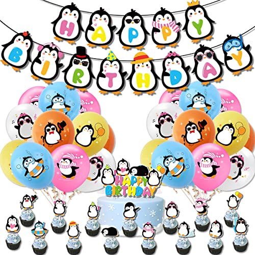 40 Stück Pinguin Geburtstag Party Dekorationen Set, Happy Birthday Banner, Kuchen & Cupcake Topper, Luftballons, Partyzubehör von SnowCow