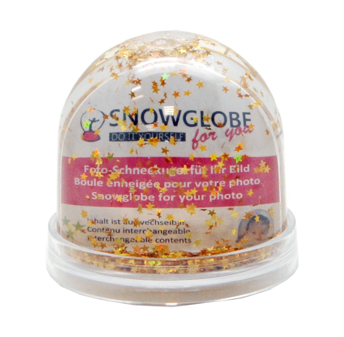 Snowglobe-for-you Schneekugel Foto Schneekugel Kunststoff Sockel transparent 9cm – gold Sterne von Snowglobe-for-you