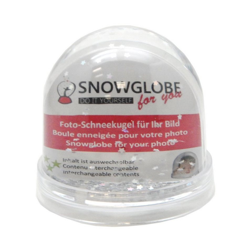 Snowglobe-for-you Schneekugel Foto Schneekugel Kunststoff Sockel transparent 9cm – silber Sterne von Snowglobe-for-you