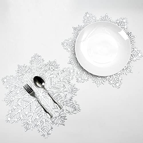 Snowkingdom Tischsets mit Schneeflocken-Motiv, 12 Stück, silberfarben, laminiert, metallisch, Vinyl, rund, 38.1 cm Durchmesser, mit passenden Untersetzern (Silber, 12) von Snowkingdom