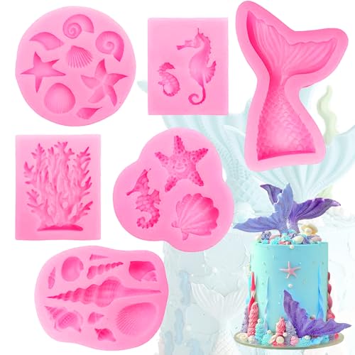 Meerjungfrau Silikon Backform, Snowtain 6 Pcs Silikon Meerjungfrau Silikonform Meerjungfrau Fondantform, 3D Ozean Tier Backform Set für Kuchen, Schokolade, Süßigkeiten Ice Jelly(Rosa) von Snowtain