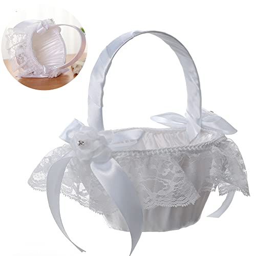 Schneespitze Blumenkorb Vintage Weiß Hochzeit Körbe, Satin Spitze Bowknot Körbe Bowknot Dekor Blumenkinderkörbchen Blumenmädchen Korb von Snowtain