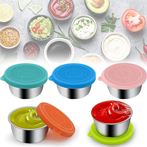 Snowtain 5 Stück 50ml Dressingbehälter Mini Dose mit Deckel,Soßenbehälter mit Deckel,Gewürzbehälter aus Edelstahl für Soßen,Dips und Gewürze,Salatdressing Behälter Mini Ketchup-Dose(mit Silikondeckel) von Snowtain