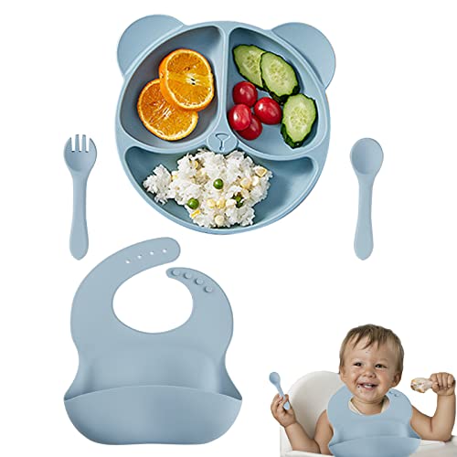 Snowtain Silikon Rutschfester Baby Tischset mit Gabel und Löffel,Kindergeschirr Baby Geschirrset,Rutschfest Silikon Baby Teller mit Saugnapf,Baby Teller Kinderteller mit Saugnapf(BPA-Frei) von Snowtain