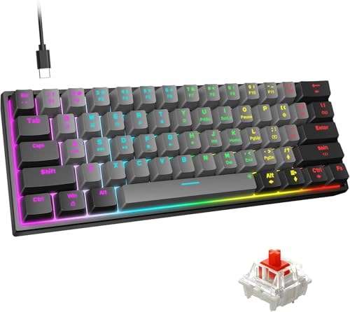 Snpurdiri 60% kabelgebundene Mechanische Gaming Tastatur, 61 Anti-Ghosting-Tasten, Blaue LED-Hintergrundbeleuchtung, ultrakompakte Zwei Ständer(Rot Schaft/Schwarz Grau/RGB) von Snpurdiri