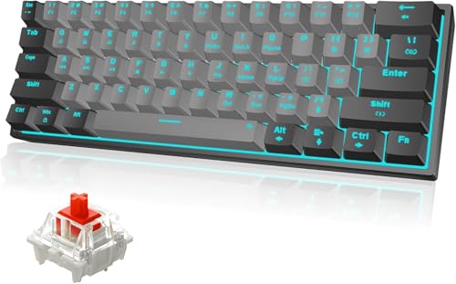 Snpurdiri 60% kabelgebundene Mechanische Gaming Tastatur, 61 Anti-Ghosting-Tasten, Blaue LED-Hintergrundbeleuchtung, ultrakompakte Zwei Ständer (Rot Schaft/Schwarz Grau) von Snpurdiri