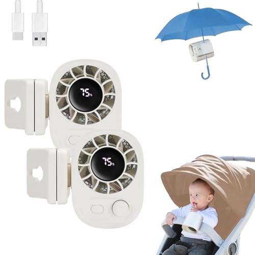 Snrtevu Car Clip On Fan With Led Display, Mini Ventilator Für Kinderwagen, Tragbarer Mini Ventilator Mit Clip Für Camping Kinderwagen Büro, 100-Gang, Wiederaufladbarer, 360° Oscillation (2PCS-1) von Snrtevu