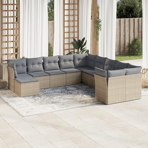 Snsowed 11-TLG. Garten-Sofagarnitur mit Kissen Beige Poly Rattan, Lounge Gartenmöbel Set, Möbelsets, Balkon Möbel, Gartenlounge, Gartensofa - 3250448 von Snsowed