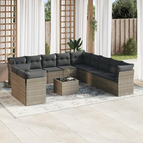 Snsowed 12-TLG. Garten-Sofagarnitur mit Kissen Grau Poly Rattan, Lounge Gartenmöbel Set, Möbelsets, Balkon Möbel, Gartenlounge, Gartensofa - 3217890 von Snsowed