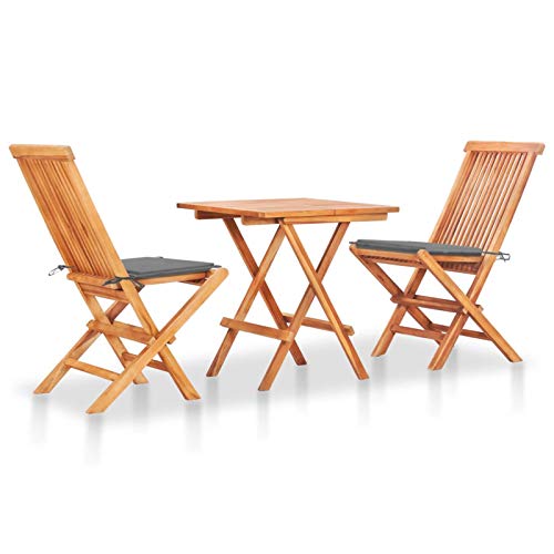 Snsowed 3-TLG. Bistroset mit Grauen Kissen, Balkonmöbel, Bistrotisch Mit Stühlen, Garten Möbel, Gartenlounge, Balkonset Für Kleine Balkone, Möbelsets, Massivholz Teak von Snsowed