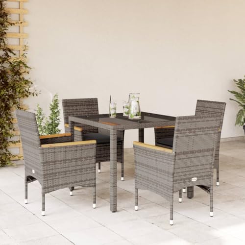 Snsowed 5-TLG. Garten-Essgruppe mit Kissen Grau Poly Rattan und Glas, Esstisch Mit Stühlen Set, Gartenmöbel Sitzgruppe, Balkon Möbel, Gartenlounge Set, Terrassenmöbel, Balkonmöbel Set - 3278652 von Snsowed