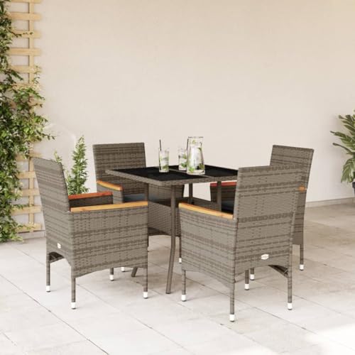 Snsowed 5-TLG. Garten-Essgruppe mit Kissen Grau Poly Rattan und Glas, Esstisch Mit Stühlen Set, Gartenmöbel Sitzgruppe, Balkon Möbel, Gartenlounge Set, Terrassenmöbel, Balkonmöbel Set - 3278706 von Snsowed