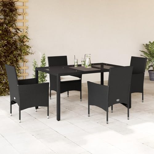 Snsowed 5-TLG. Garten-Essgruppe mit Kissen Schwarz Poly Rattan und Glas, Esstisch Mit Stühlen Set, Gartenmöbel Sitzgruppe, Balkon Möbel, Gartenlounge Set, Terrassenmöbel, Balkonmöbel Set - 3278539 von Snsowed