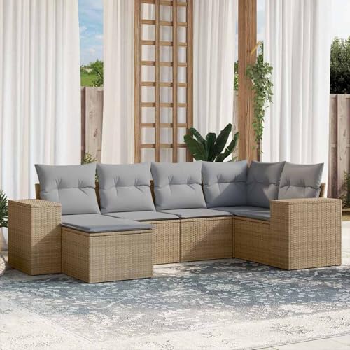 Snsowed 6-TLG. Garten-Sofagarnitur mit Kissen Beige Poly Rattan, Lounge Gartenmöbel Set, Möbelsets, Balkon Möbel, Gartenlounge, Gartensofa - 3222858 von Snsowed