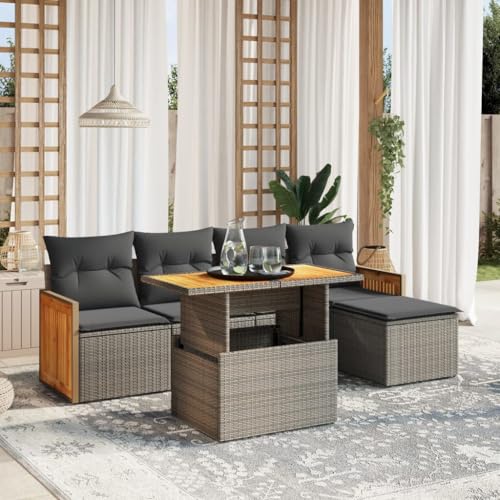 Snsowed 6-TLG. Garten-Sofagarnitur mit Kissen Grau Poly Rattan, Balkonmöbel Set, Gartenmöbel Set, Gartenlounge, Terassenmöbel, Lounge Sofa Outdoor - 3273937 von Snsowed