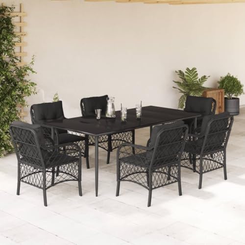 Snsowed 7-TLG. Garten-Essgruppe mit Kissen Schwarz Poly Rattan, Esstisch Mit Stühlen Set, Gartenmöbel Sitzgruppe, Balkon Möbel, Gartenlounge Set, Terrassenmöbel, Balkonmöbel Set - 3212101 von Snsowed