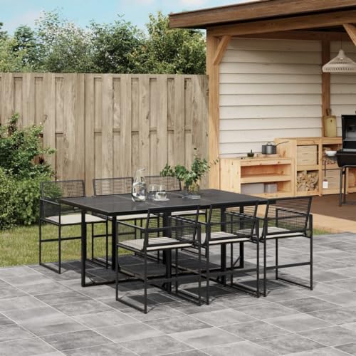 Snsowed 7-TLG. Garten-Essgruppe mit Kissen Schwarz Poly Rattan, Esstisch Mit Stühlen Set, Gartenmöbel Sitzgruppe, Balkon Möbel, Gartenlounge Set, Terrassenmöbel, Balkonmöbel Set - 3295024 von Snsowed