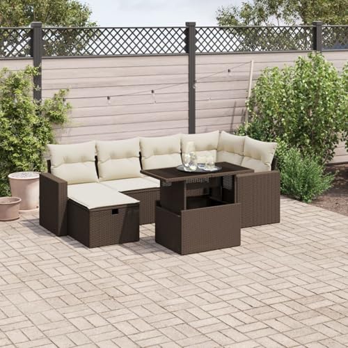 Snsowed 7-TLG. Garten-Sofagarnitur mit Kissen Braun Poly Rattan, Balkonmöbel Set, Gartenmöbel Set, Gartenlounge Set, Terassenmöbel, Loungemöbel Terrasse - 3274823 von Snsowed