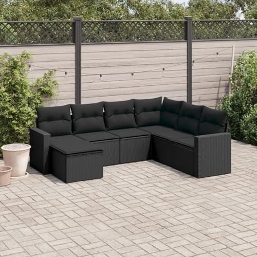 Snsowed 7-TLG. Garten-Sofagarnitur mit Kissen Schwarz Poly Rattan, Lounge Gartenmöbel Set, Möbelsets, Balkon Möbel, Gartenlounge, Gartensofa - 3219285 von Snsowed