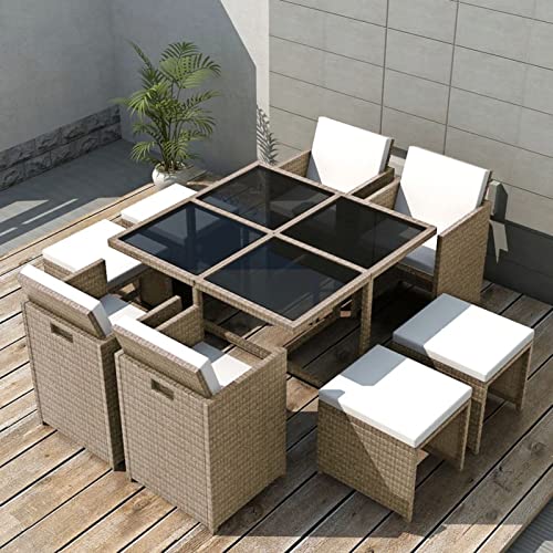 Snsowed 9-TLG. Garten-Essgruppe mit Auflagen Poly Rattan Beige, Esstisch Mit Stühlen Set, Gartenmöbel Sitzgruppe, Balkon Möbel, Gartenlounge Set, Terrassenmöbel, Balkonmöbel Set - 42556 von Snsowed