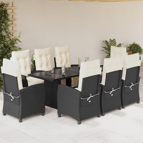 Snsowed 9-TLG. Garten-Essgruppe mit Kissen Schwarz Poly Rattan, Esstisch Mit Stühlen Set, Gartenmöbel Sitzgruppe, Balkon Möbel, Gartenlounge Set, Terrassenmöbel, Balkonmöbel Set - 3212919 von Snsowed