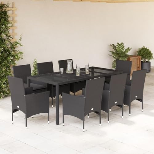 Snsowed 9-TLG. Garten-Essgruppe mit Kissen Schwarz Poly Rattan und Glas, Esstisch Mit Stühlen Set, Gartenmöbel Sitzgruppe, Balkon Möbel, Gartenlounge Set, Terrassenmöbel, Balkonmöbel Set - 3278548 von Snsowed