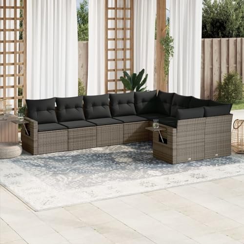Snsowed 9-TLG. Garten-Sofagarnitur mit Kissen Grau Poly Rattan, Lounge Gartenmöbel Set, Möbelsets, Balkon Möbel, Gartenlounge, Gartensofa - 3252977 von Snsowed