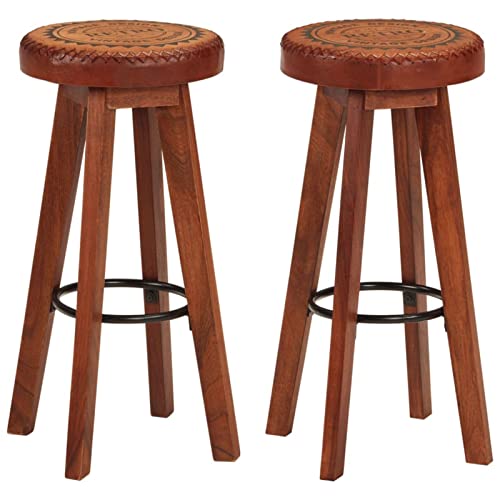 Snsowed Barhocker 2 STK Barstuhl, Bistrohocker, Tresenhocker, Thekenhocker, Barstools, Bar Hocker, Bar Stools, Bar Chair, Echtleder und Massivholz Akazie - 348164 von Snsowed