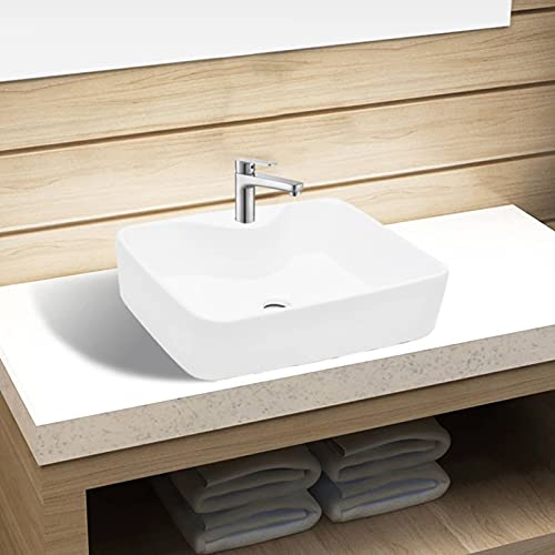 Snsowed Keramik Waschbecken mit Hahnloch, Aufsatzwaschbecken, Bathroom Sink, Waschtisch, Ablaufgarnitur, Aufsatzbecken, Weiß Quadratisch von Snsowed