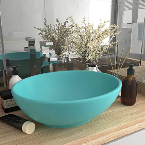 Snsowed Luxuriöses Ovales Waschbecken, Aufsatzwaschbecken, Bathroom Sink, Waschtisch, Ablaufgarnitur, Aufsatzbecken, Matt Hellgrün 40x33 cm Keramik von Snsowed
