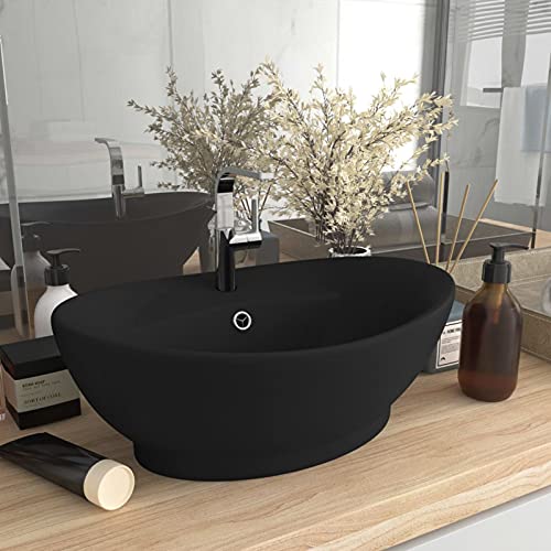 Snsowed Luxus-Waschbecken Überlauf, Aufsatzwaschbecken, Bathroom Sink, Waschtisch, Ablaufgarnitur, Aufsatzbecken, Matt Schwarz 58,5x39cm Keramik von Snsowed